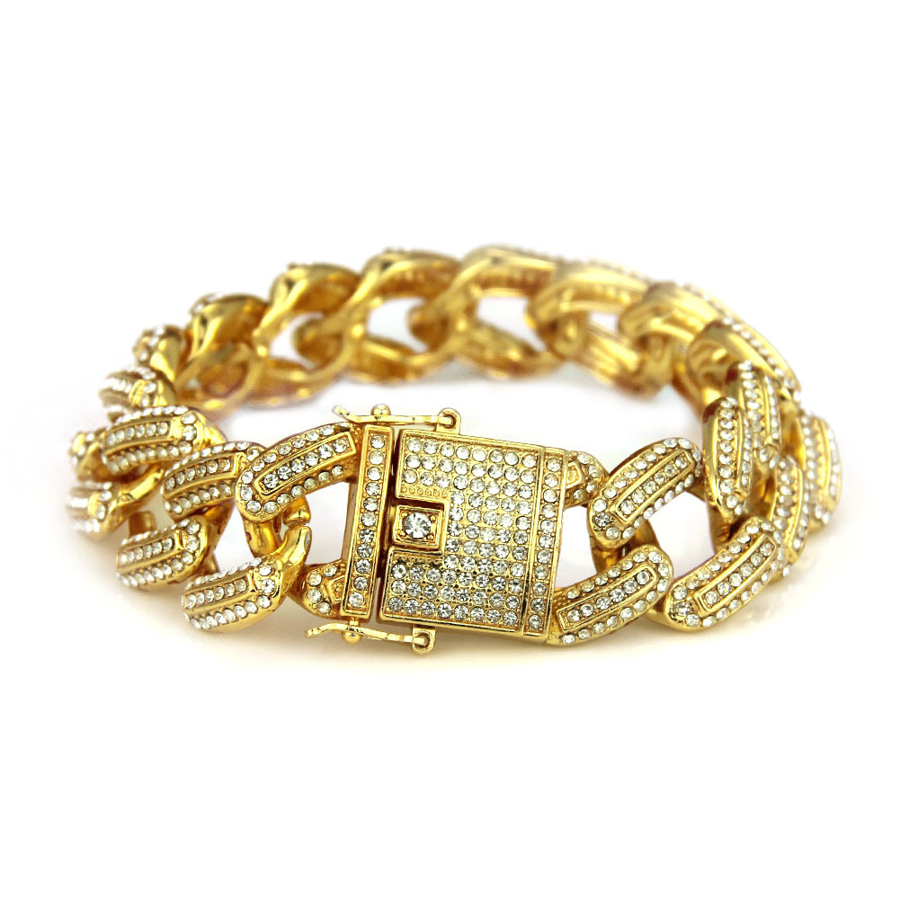 Ice Rhinestone זהב מיאמי Curb Cuban CZ Rapper צמיד תכשיטי היפ הופ לגברים