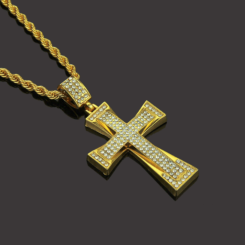 גברים Iced Out Cross CZ שיבוץ תליון 14K-18K זהב צבע שרשרת היפ הופ