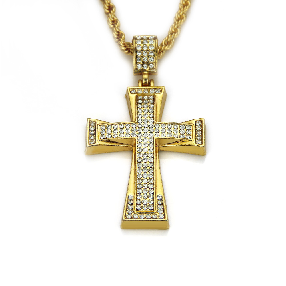 גברים Iced Out Cross CZ שיבוץ תליון 14K-18K זהב צבע שרשרת היפ הופ