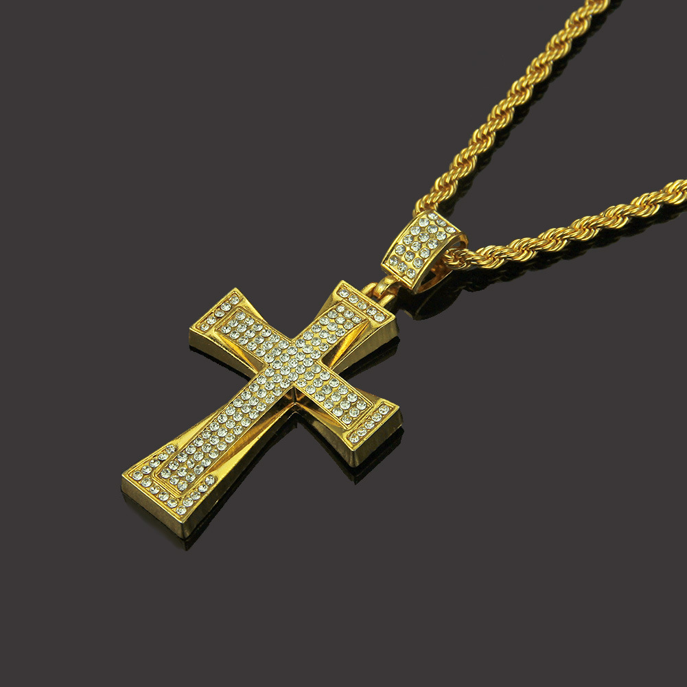 גברים Iced Out Cross CZ שיבוץ תליון 14K-18K זהב צבע שרשרת היפ הופ